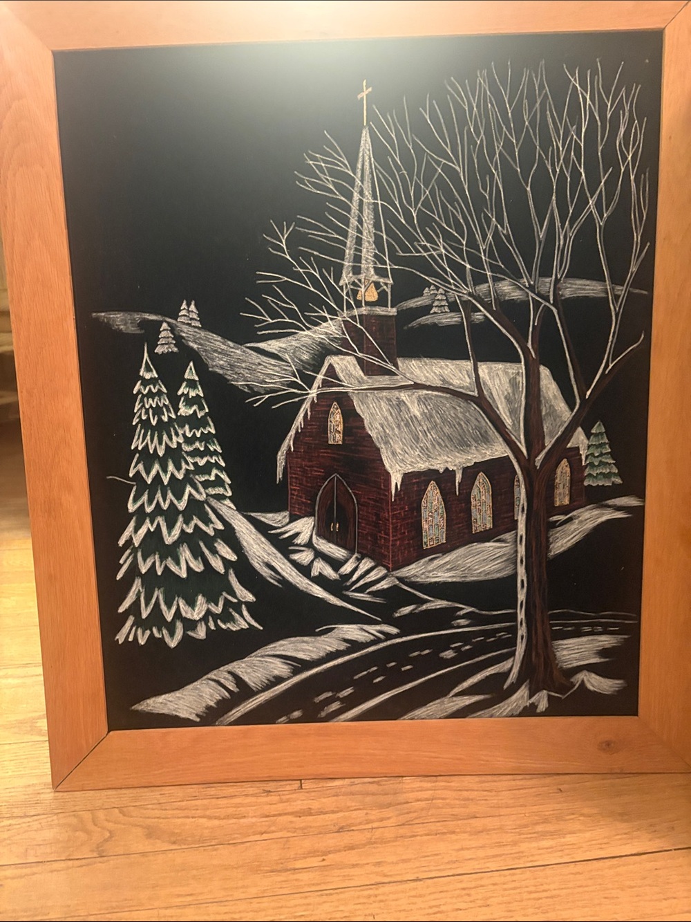 Vintage Winter Church painting on Velvet